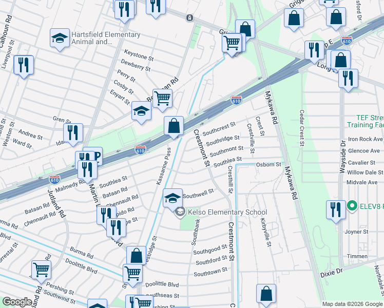 map of restaurants, bars, coffee shops, grocery stores, and more near 5806 Southridge Street in Houston