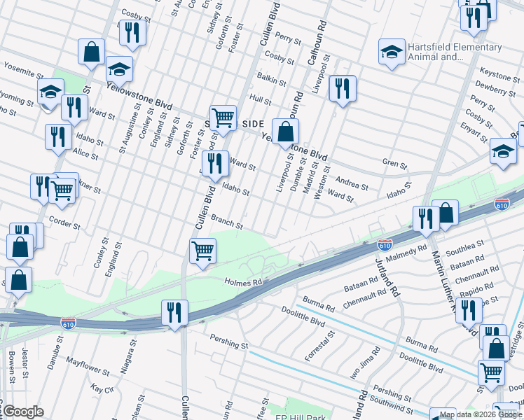 map of restaurants, bars, coffee shops, grocery stores, and more near 6915 Liverpool Street in Houston