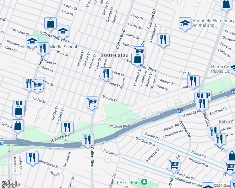 map of restaurants, bars, coffee shops, grocery stores, and more near 6923 Paris Street in Houston