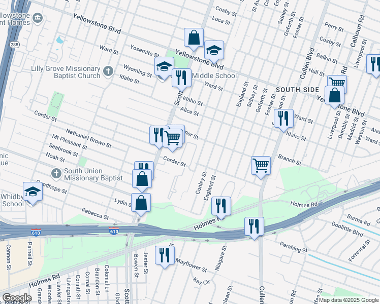 map of restaurants, bars, coffee shops, grocery stores, and more near 4001 Corder Street in Houston