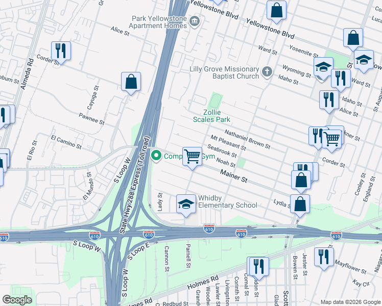 map of restaurants, bars, coffee shops, grocery stores, and more near 7505 Springhill Street in Houston