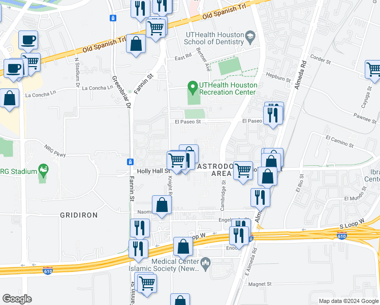 map of restaurants, bars, coffee shops, grocery stores, and more near 2111 Holly Hall Street in Houston