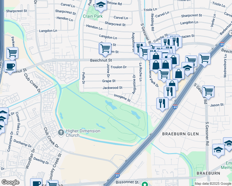 map of restaurants, bars, coffee shops, grocery stores, and more near 9292 Imogene Street in Houston