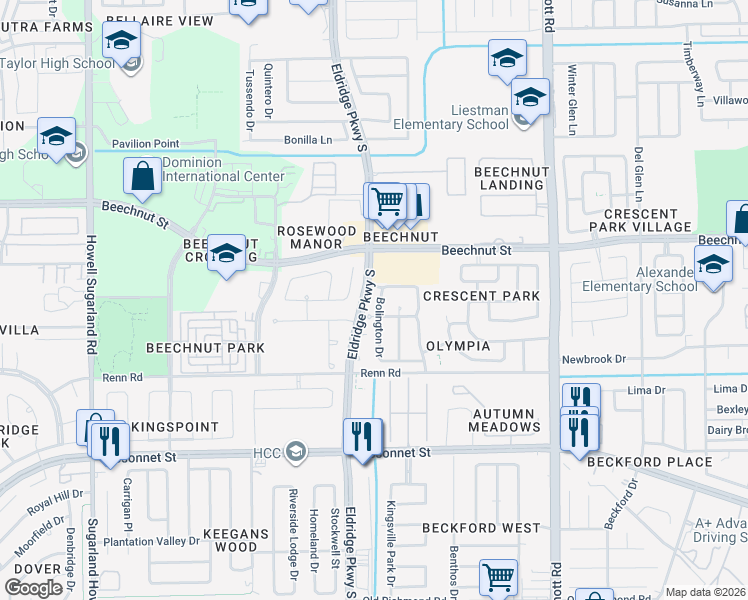 map of restaurants, bars, coffee shops, grocery stores, and more near 8510 Bolington Drive in Houston
