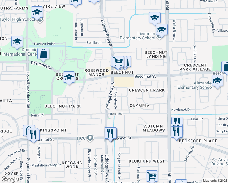 map of restaurants, bars, coffee shops, grocery stores, and more near 8510 Bolington Drive in Houston