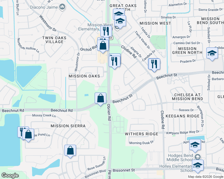 map of restaurants, bars, coffee shops, grocery stores, and more near 8418 West Sienna Cove Lane in Houston