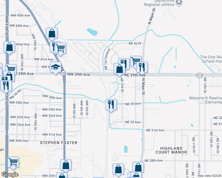 map of restaurants, bars, coffee shops, grocery stores, and more near 3711 Northeast 1st Drive in Gainesville