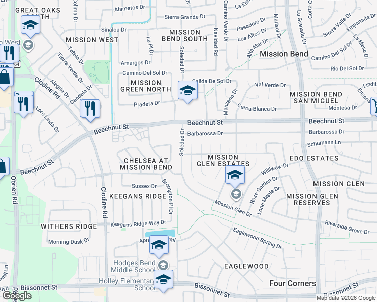 map of restaurants, bars, coffee shops, grocery stores, and more near 16303 April Ridge Drive in Houston