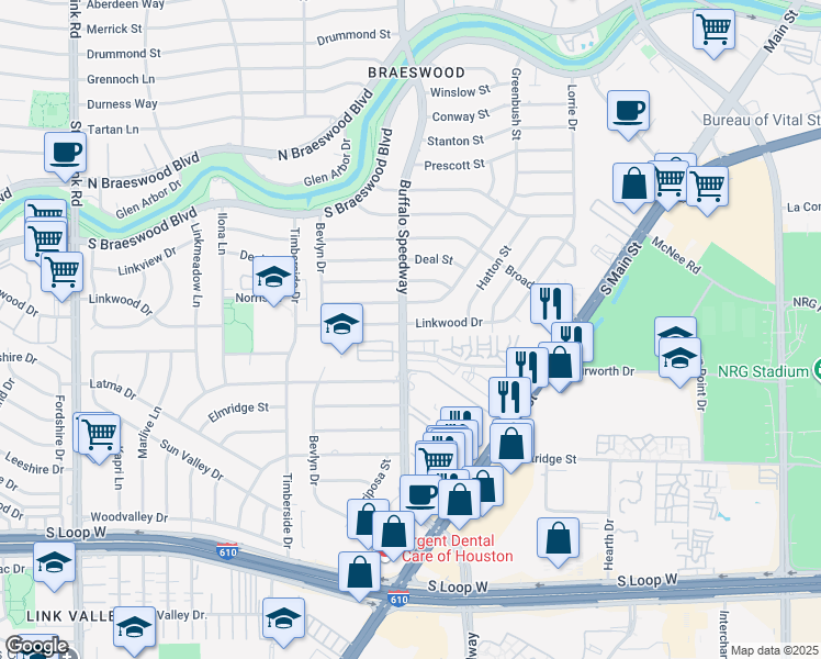 map of restaurants, bars, coffee shops, grocery stores, and more near 3123 Linkwood Drive in Houston