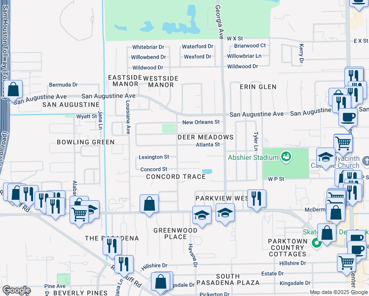 map of restaurants, bars, coffee shops, grocery stores, and more near 1610 Atlanta Street in Deer Park