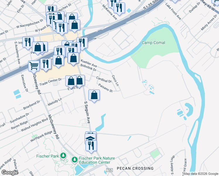 map of restaurants, bars, coffee shops, grocery stores, and more near 325 Paisano Street in New Braunfels