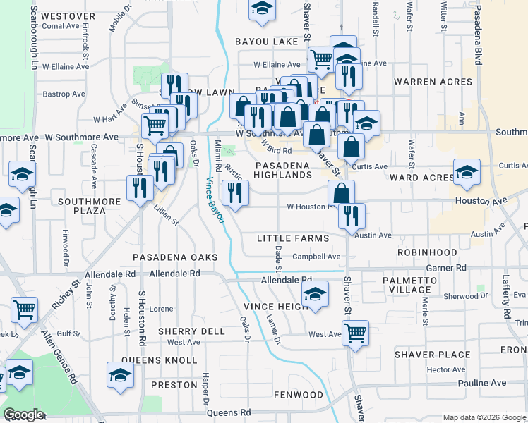 map of restaurants, bars, coffee shops, grocery stores, and more near 309 West Houston Avenue in Pasadena
