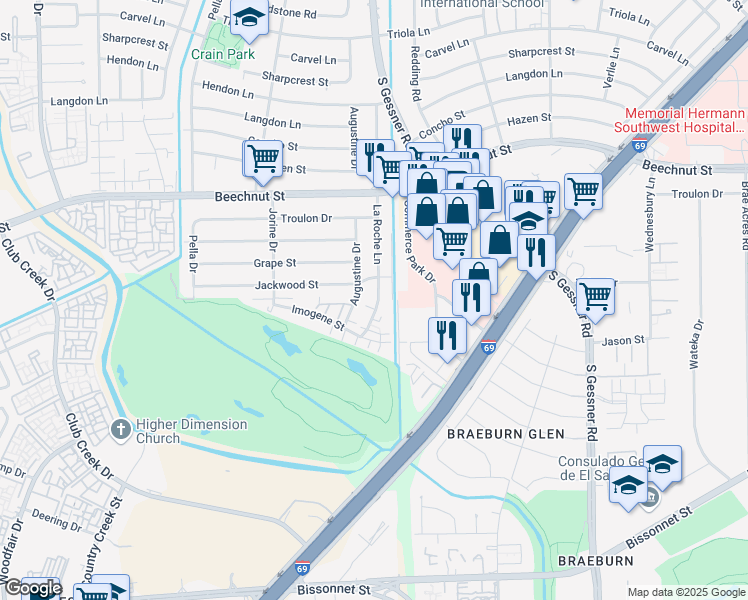 map of restaurants, bars, coffee shops, grocery stores, and more near 8324 La Roche Lane in Houston