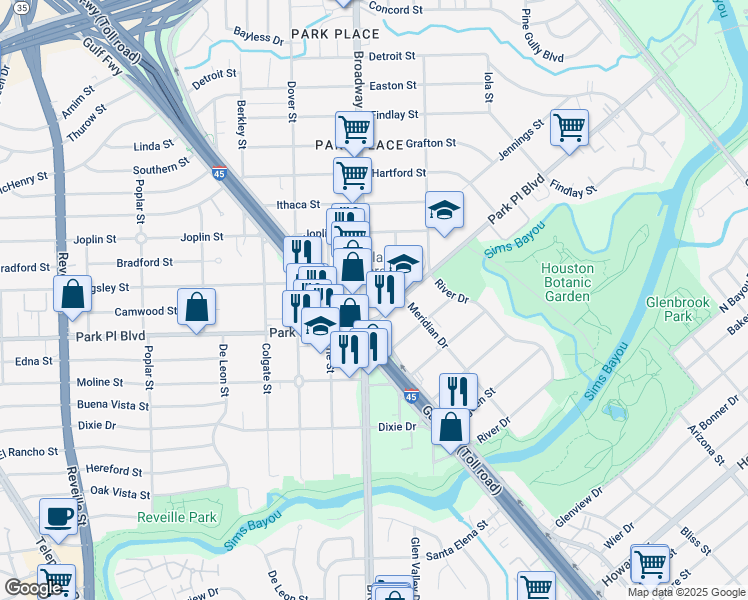 map of restaurants, bars, coffee shops, grocery stores, and more near in Houston