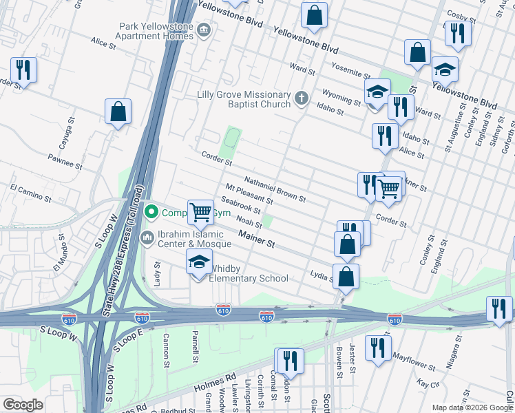 map of restaurants, bars, coffee shops, grocery stores, and more near 3569 Seabrook Street in Houston
