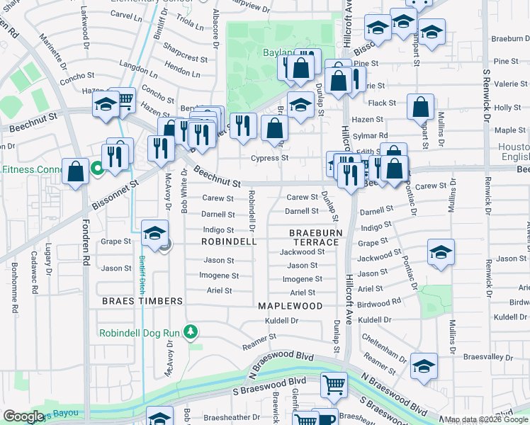 map of restaurants, bars, coffee shops, grocery stores, and more near 5929 Darnell Street in Houston