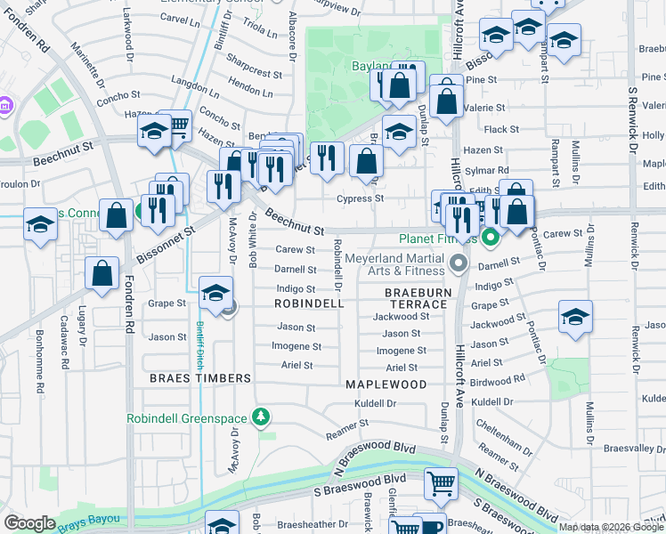 map of restaurants, bars, coffee shops, grocery stores, and more near Darnell Street in Houston