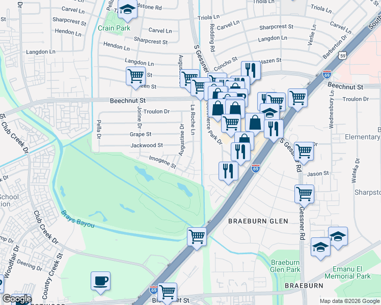 map of restaurants, bars, coffee shops, grocery stores, and more near 8324 La Roche Lane in Houston