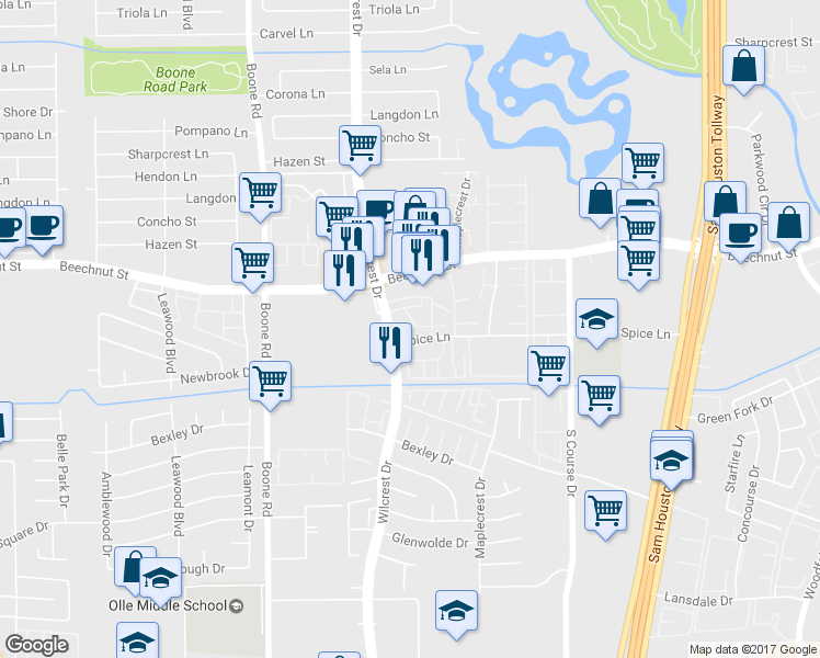 map of restaurants, bars, coffee shops, grocery stores, and more near in Houston