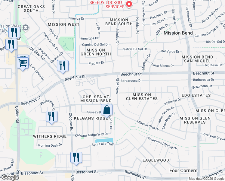 map of restaurants, bars, coffee shops, grocery stores, and more near 8219 Paddington Place Drive in Houston