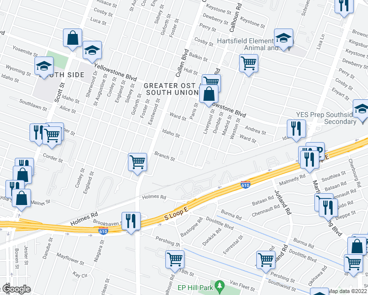 map of restaurants, bars, coffee shops, grocery stores, and more near 6923 Paris Street in Houston