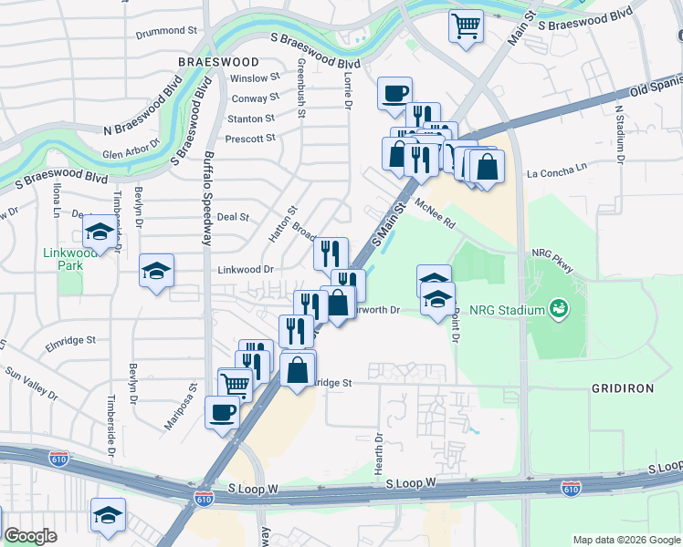map of restaurants, bars, coffee shops, grocery stores, and more near 2801 Broadmead Drive in Houston