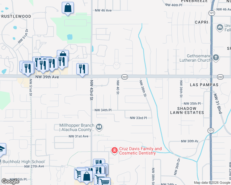 map of restaurants, bars, coffee shops, grocery stores, and more near 3619 Northwest 40th Terrace in Gainesville