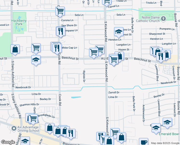 map of restaurants, bars, coffee shops, grocery stores, and more near 12022 Barrett Brae Drive in Houston