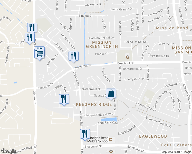 map of restaurants, bars, coffee shops, grocery stores, and more near 8202 Worthington Drive in Houston