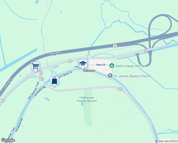 map of restaurants, bars, coffee shops, grocery stores, and more near South Bayou Black Drive in Gibson