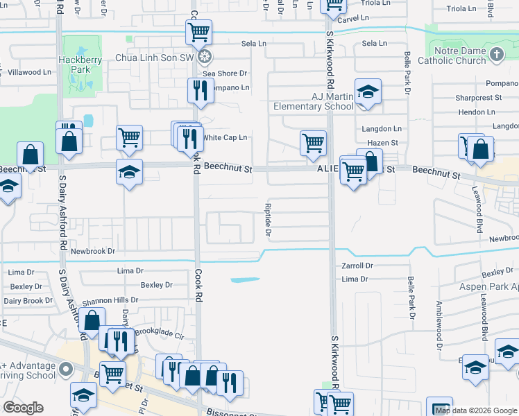 map of restaurants, bars, coffee shops, grocery stores, and more near 12106 Barrett Brae Dr in Houston