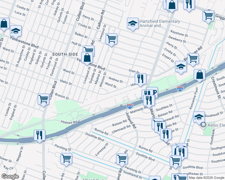 map of restaurants, bars, coffee shops, grocery stores, and more near 5011 Idaho Street in Houston