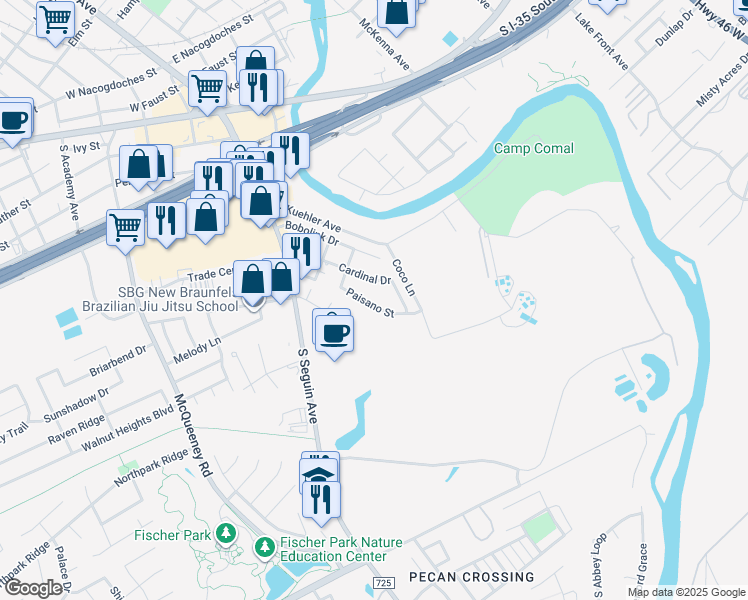 map of restaurants, bars, coffee shops, grocery stores, and more near 325 Paisano Street in New Braunfels
