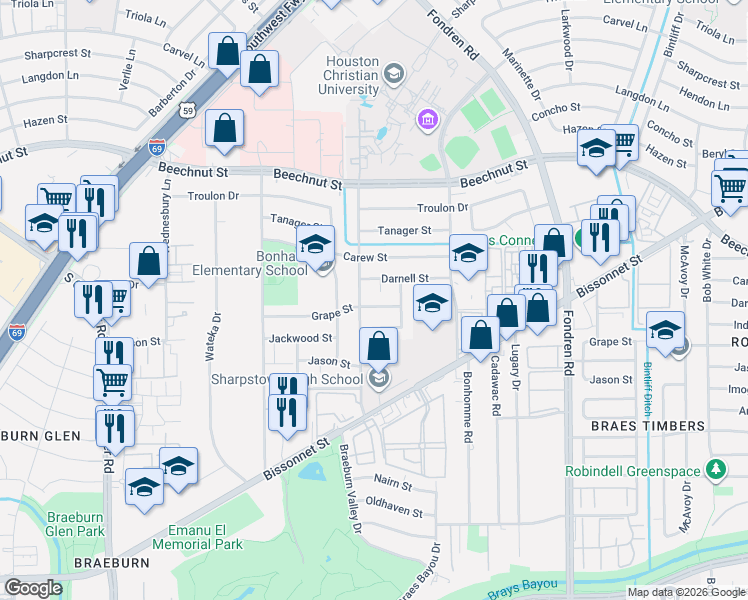 map of restaurants, bars, coffee shops, grocery stores, and more near 7422 Grape Street in Houston