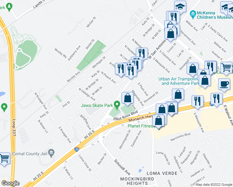 map of restaurants, bars, coffee shops, grocery stores, and more near 2060 Spur Street in New Braunfels