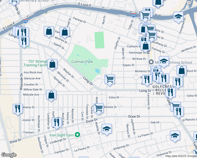 map of restaurants, bars, coffee shops, grocery stores, and more near 6767 Long Drive in Houston