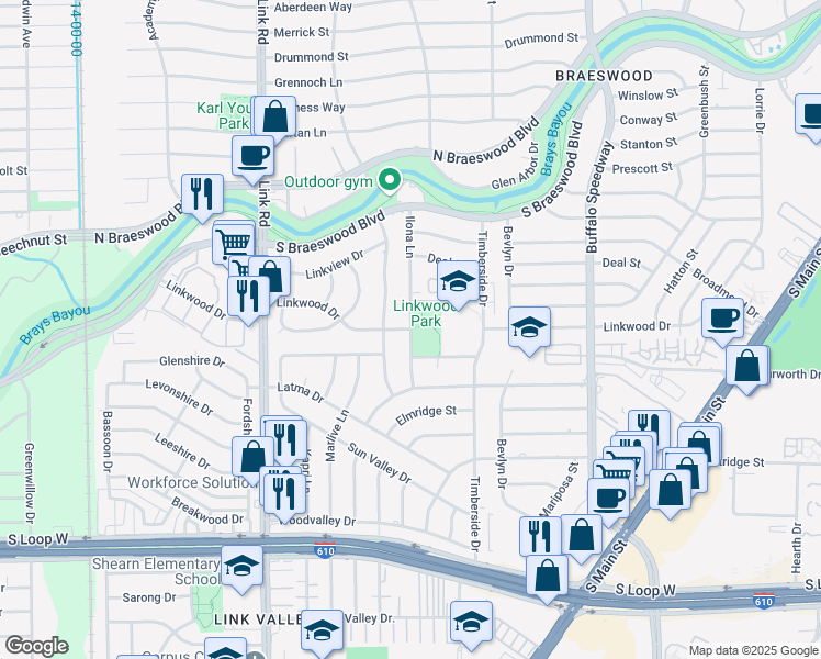 map of restaurants, bars, coffee shops, grocery stores, and more near Linkwood Drive in Houston