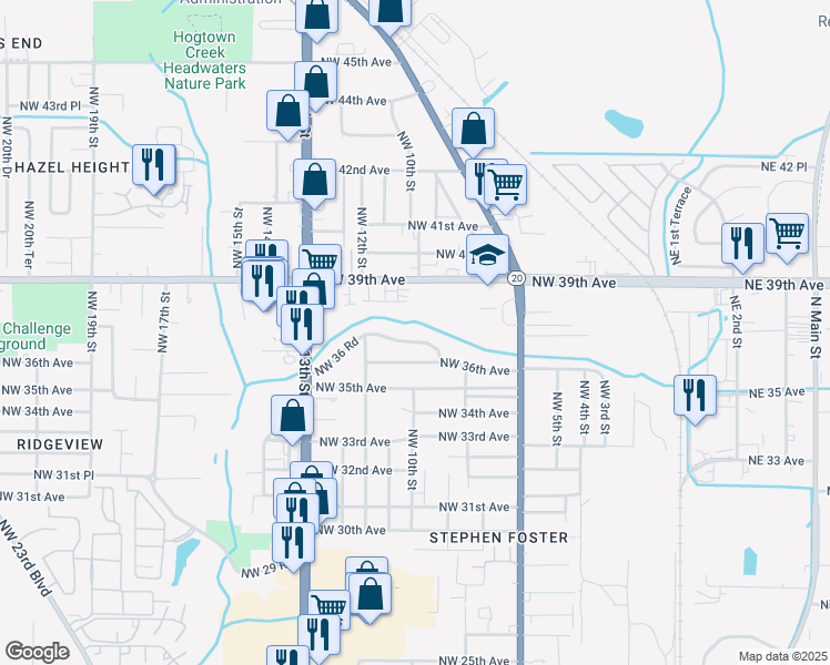 map of restaurants, bars, coffee shops, grocery stores, and more near 930 Northwest 36 Road in Gainesville