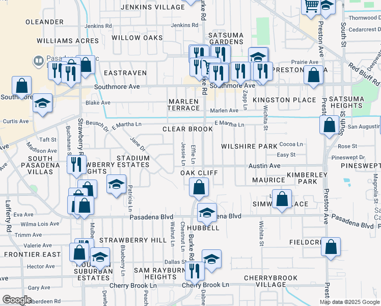 map of restaurants, bars, coffee shops, grocery stores, and more near 1802 Effie Lane in Pasadena