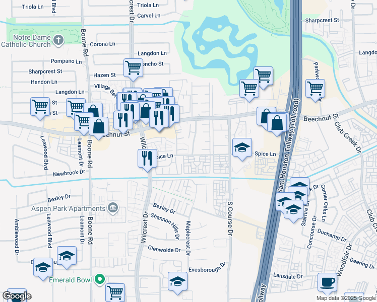 map of restaurants, bars, coffee shops, grocery stores, and more near 10615 Beechnut Street in Houston