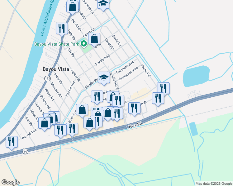 map of restaurants, bars, coffee shops, grocery stores, and more near 1201-1327 Columbus Ave in Morgan City