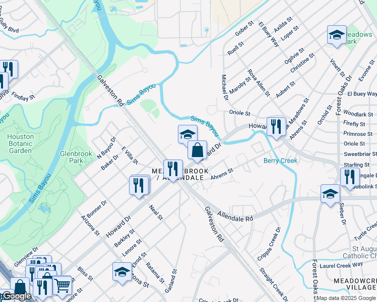 map of restaurants, bars, coffee shops, grocery stores, and more near 8501 Howard Drive in Houston