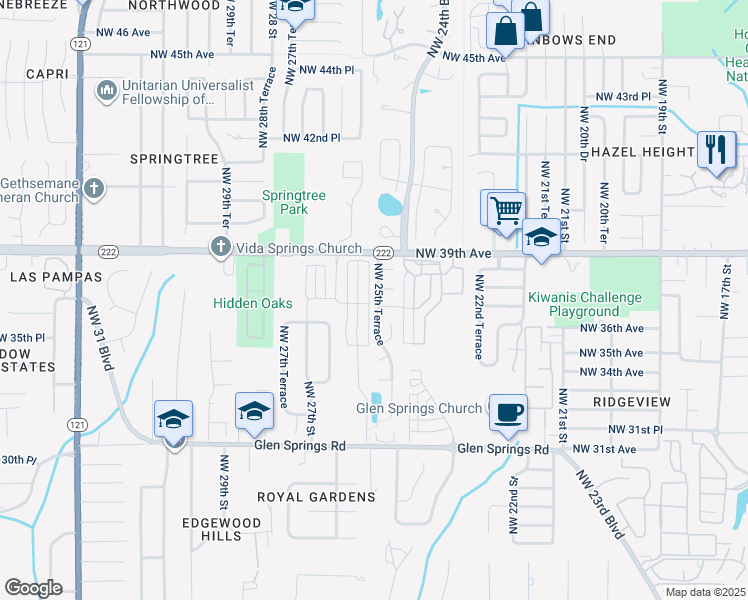 map of restaurants, bars, coffee shops, grocery stores, and more near 2519 Northwest 36th Lane in Gainesville