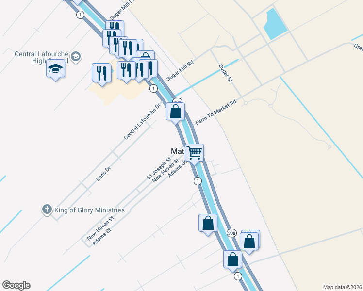 map of restaurants, bars, coffee shops, grocery stores, and more near in Mathews