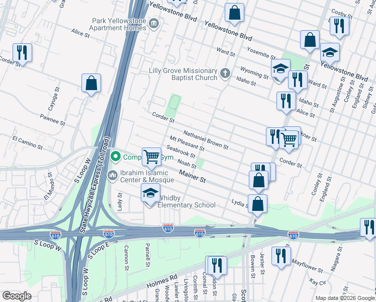 map of restaurants, bars, coffee shops, grocery stores, and more near 3569 Seabrook Street in Houston