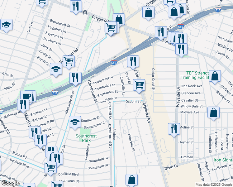map of restaurants, bars, coffee shops, grocery stores, and more near 5957 Southlea Street in Houston