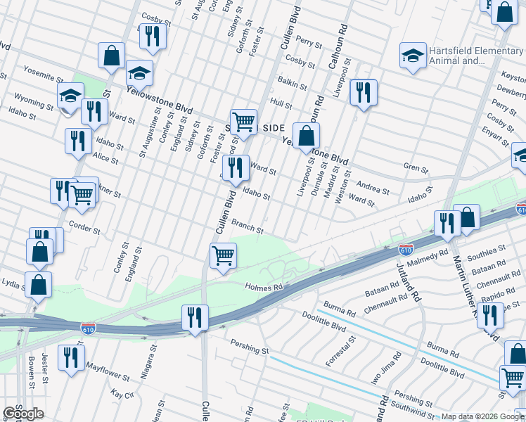 map of restaurants, bars, coffee shops, grocery stores, and more near 6923 Paris Street in Houston