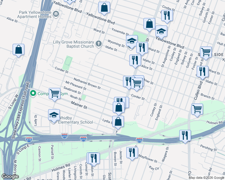 map of restaurants, bars, coffee shops, grocery stores, and more near 7209 La Salette Street in Houston