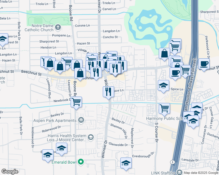map of restaurants, bars, coffee shops, grocery stores, and more near in Houston
