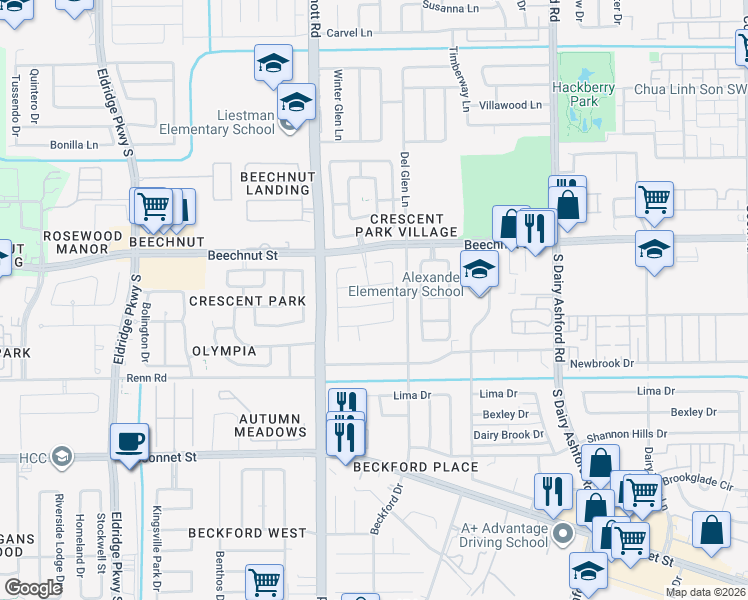 map of restaurants, bars, coffee shops, grocery stores, and more near 13003 Dawn Hollow Lane in Houston